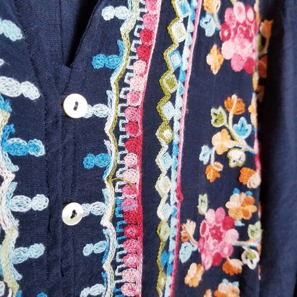 FIG & FLOWER Anthropologie Embroidered Navy Blue Tie-Front Top - Medium - Picture 3 of 8